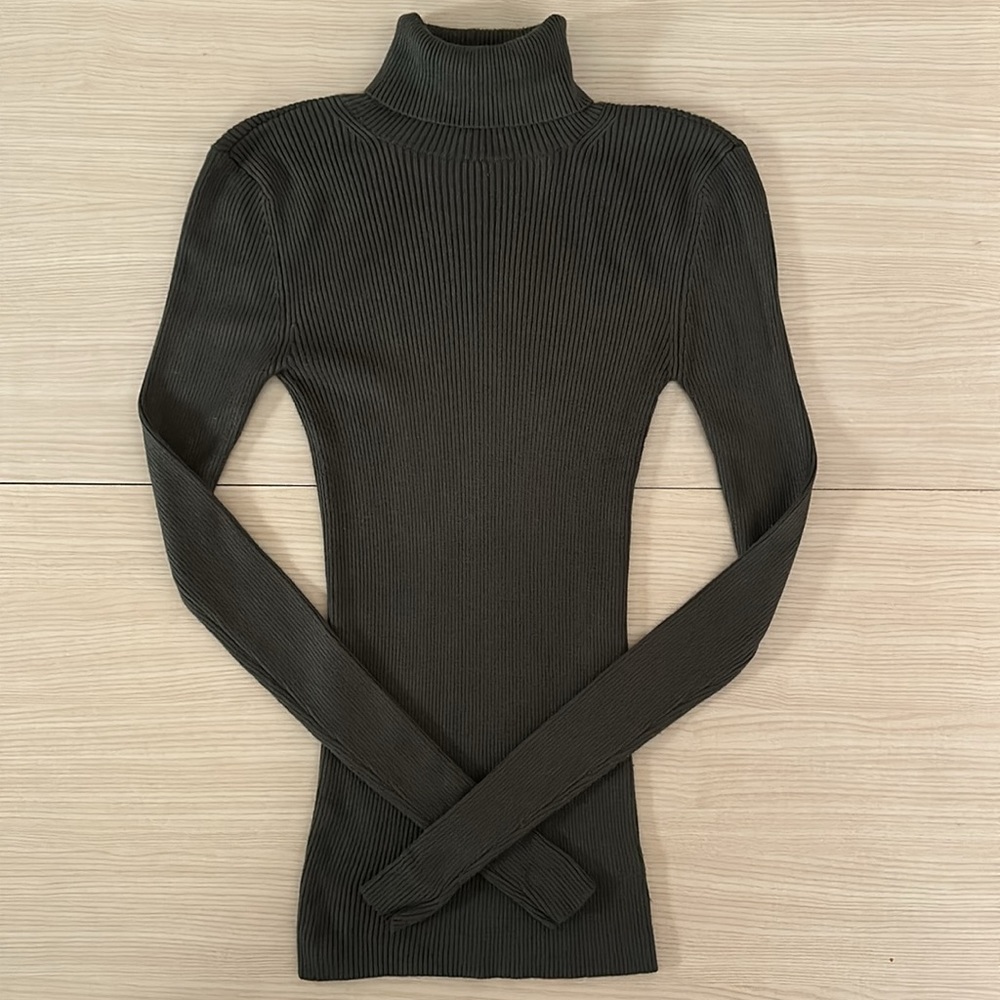 Express Dark Olive Green Ribbed Fitted Turtleneck Sweater XS